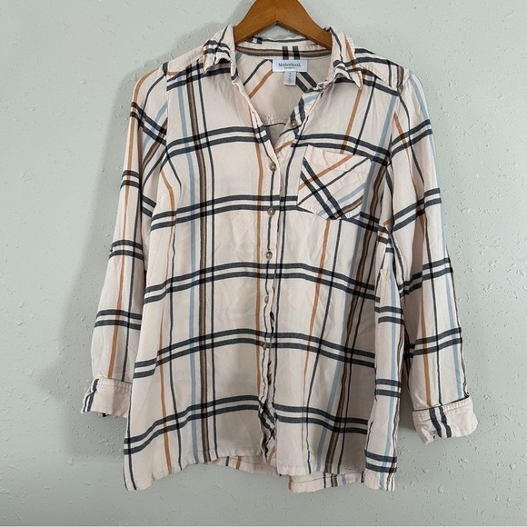 🦋 Motherhood Tan Orange Button Down Plaid Flannel 3/4 Sleeve T-Shirt Medium - Picture 2 of 8